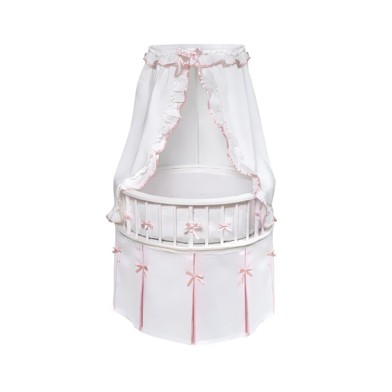 Badger Basket Co. White Elegance Round Baby Bassinet With White Waffle and Pink Bedding